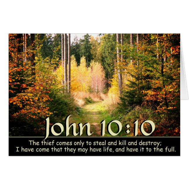 John 10 10 Bible Verse, Fall Forest Path.Card Cards (Front Horizontal)
