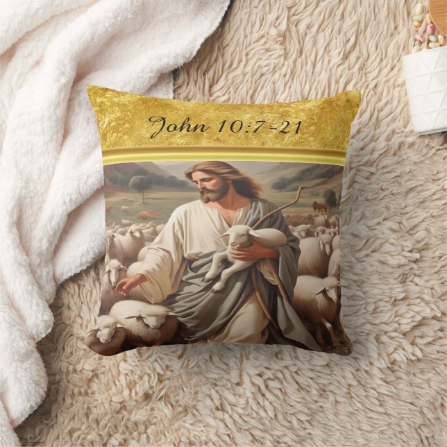 John 10:7 Faithful Shepherd Art Throw Pillow (Blanket)