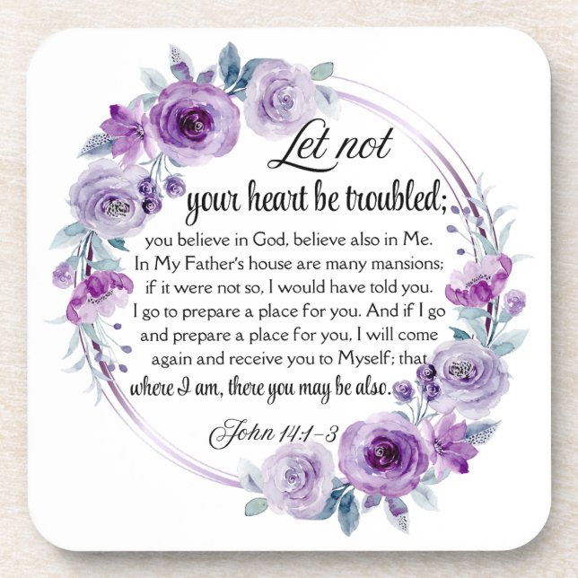 John 14:1-3 Bible Verse Purple Floral Beverage Coaster (Front)