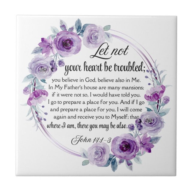 John 14:1-3 Bible Verse Purple Floral Ceramic Tile (Front)