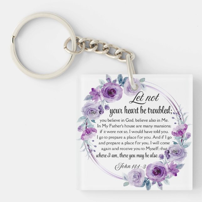 John 14:1-3 Bible Verse Purple Floral Keychain (Front)