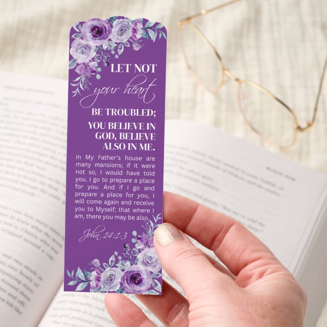 John 14:1-3 Let not your heart Purple Background Bookmarks (Hand)