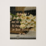 John 14:1 bible verse puzzle<br><div class="desc">Encouraging bible verse: John 14:1 on a background of a bouquet of flowers on a bible.</div>