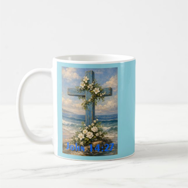 John 14:27 Beach Cross Throw Pillow Coffee Mug (Left)