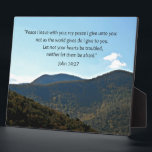 John 14:27 plaque<br><div class="desc">Mountain and sky scene with the words of Jesus: Peace I leave with you; my peace I give unto you: not as the world gives do I give to you. Let not your hearts be troubled, neither let them be afraid. John 14:27</div>
