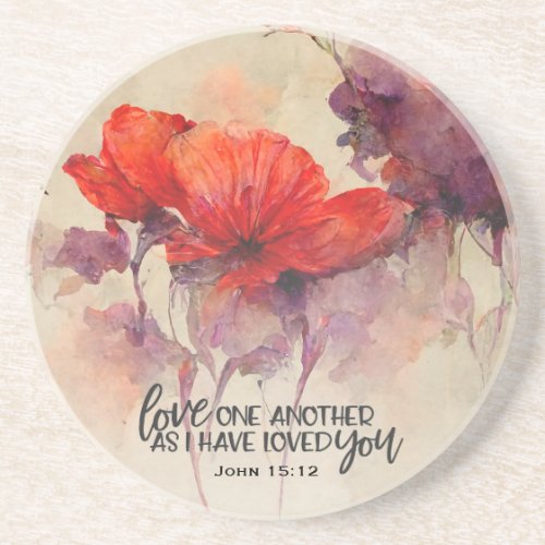 John 1512 Love One Another Bible Verse Red Floral Coaster