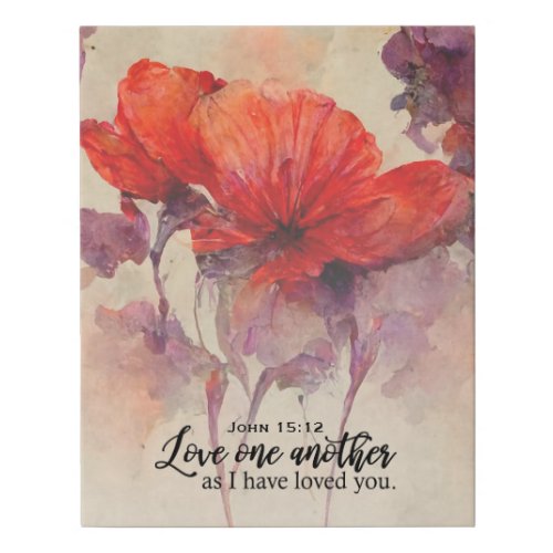 John 1512 Love One Another Bible Verse Red Floral Faux Canvas Print