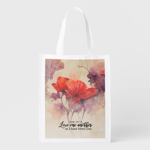 John 1512 Love One Another Bible Verse Red Floral Grocery Bag