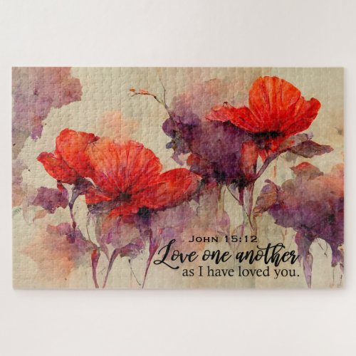 John 1512 Love One Another Bible Verse Red Floral Jigsaw Puzzle