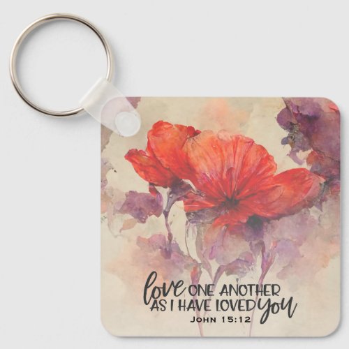 John 1512 Love One Another Bible Verse Red Floral Keychain