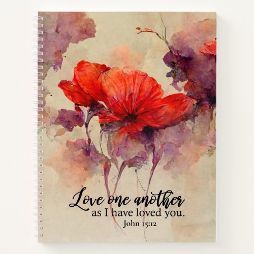 John 1512 Love One Another Bible Verse Red Floral Notebook