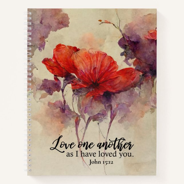 John 15:12 Love One Another Bible Verse Red Floral Notebook (Front)