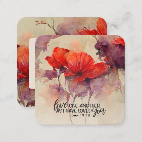 John 1512 Love One Another Bible Verse Red Floral Square Business Card