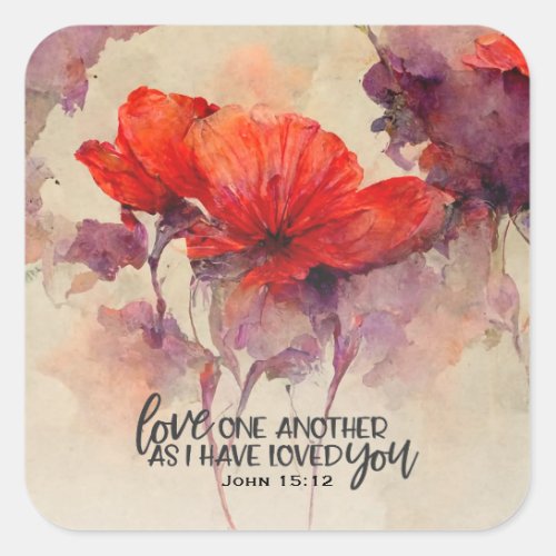 John 1512 Love One Another Bible Verse Red Floral Square Sticker