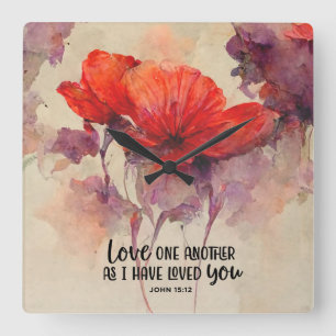 John 15:12 Love One Another Bible Verse Red Floral Square Wall Clock