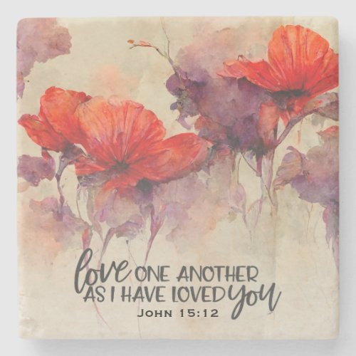John 1512 Love One Another Bible Verse Red Floral Stone Coaster