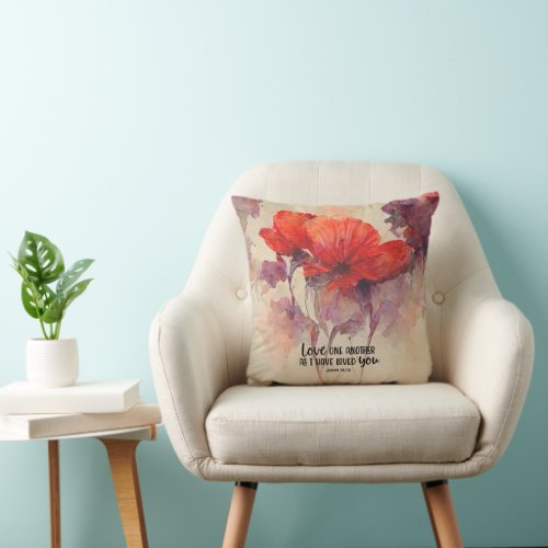 John 1512 Love One Another Bible Verse Red Floral Throw Pillow