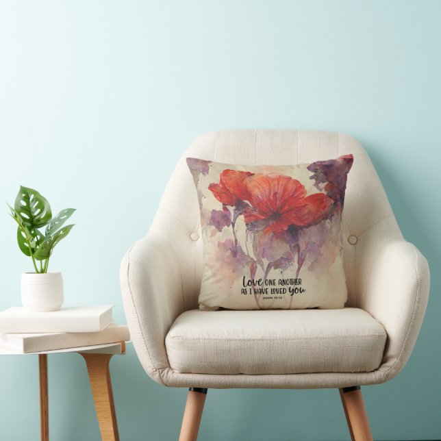 John 15:12 Love One Another Bible Verse Red Floral Throw Pillow (Chair)