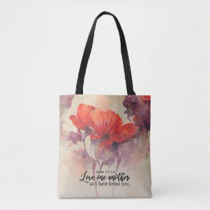 John 15:12 Love One Another Bible Verse Red Floral Tote Bag