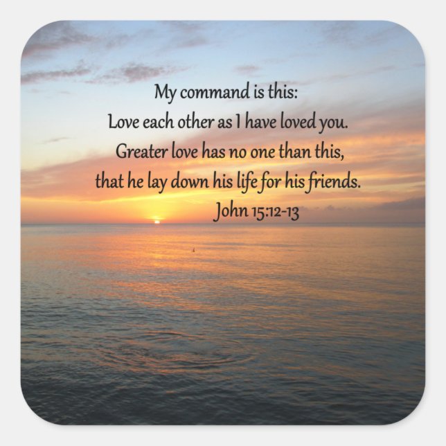 JOHN 15:12 SUNRISE OVER THE OCEAN SQUARE STICKER (Front)