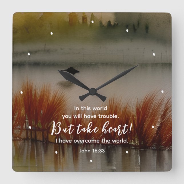John 16:33 I have Overcome Bible Verse Christian Square Wall Clock (Front)