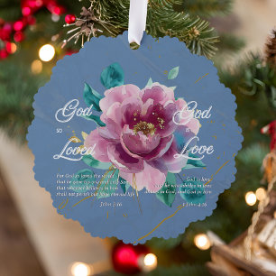 John 3 16 Bible Verse Blue Pink Floral Christian Ornament Card