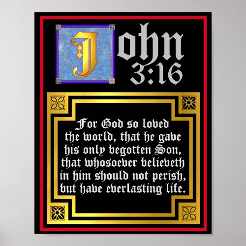 John 316 Blue Illuminated Letter Biblical Quote Poster