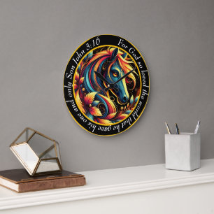 John 3:16 Christian Blue And White Abstract Horse Large Clock
