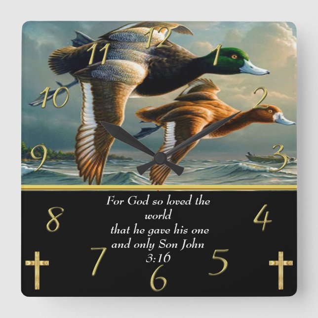 John 3:16 Christian Faith cross with ducks  Square Wall Clock (Front)