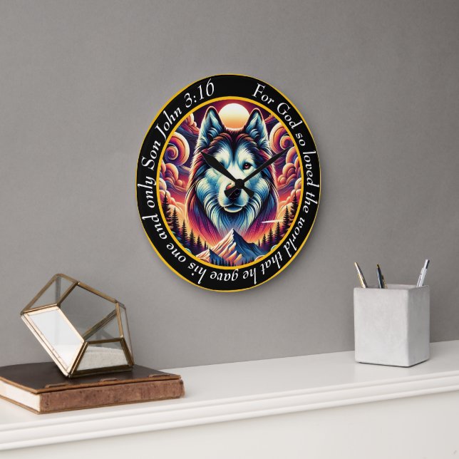 John 3:16 Christian Faith Husky Dog Large Clock (Office)