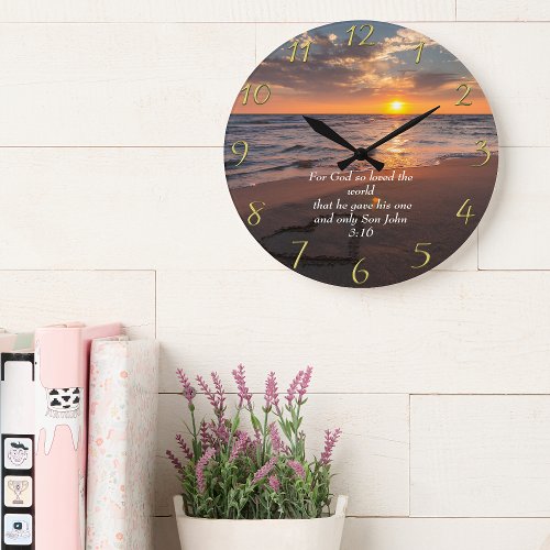 John 316 Christian Faith ocean with a sunset   Large Clock