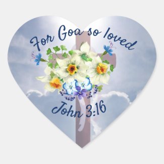 John 3:16, Christian Religion, Cross in Clouds Heart Sticker