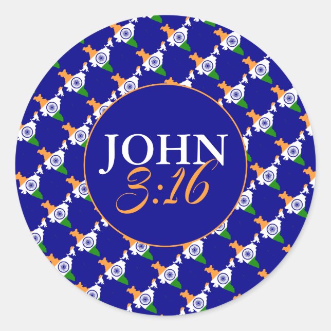 JOHN 3:16 Christian Scripture INDIA FLAG Blue Classic Round Sticker (Front)