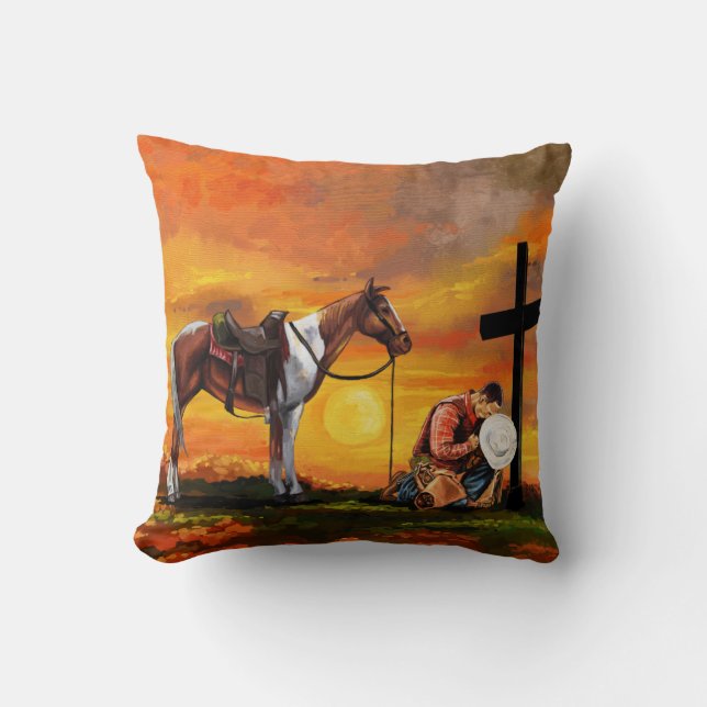 John 3:16 Cowboy at the Cross Praying Christian Throw Pillow (Front)