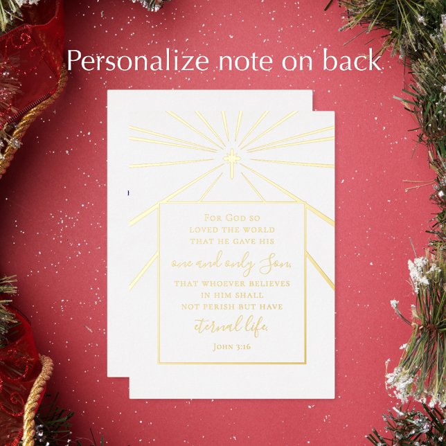 John 3:16 Custom Religious Church Christmas Gold   Foil Holiday Card (Personalize this beautiful golden script 50th foil Christmas holiday card. John 3:16 scripture card.)