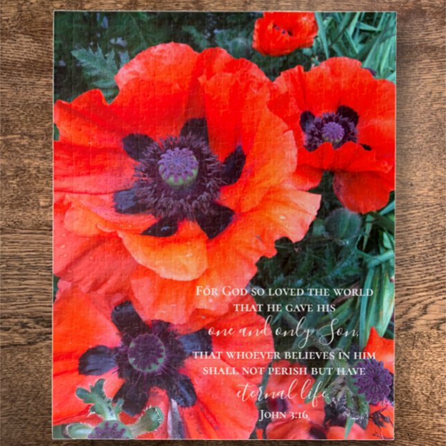John 3:16 Custom Text | Red Poppy Original Photo Jigsaw Puzzle (Unique puzzle from my original photo vibrant red poppy flowers. Custom script John 3:16 Bible verse )