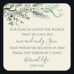 John 3:16 Elegant Modern Pine Religious Christmas Square Sticker<br><div class="desc">Share the wonderful miracle or Christmas with this John 3:16 Christian Bible verse sticker. This modern stylish green on cream faith Christmas sticker will add inspirational scripture to your envelopes and gifts and wrapping. I created this one-of-a-kind hand drawn pine and berry botanical design for you. Its elegant bows and...</div>