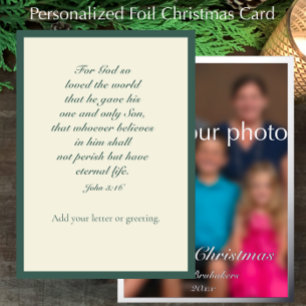 John 3:16 Elegant Sage Family Photo Christmas Real Foil Holiday Card