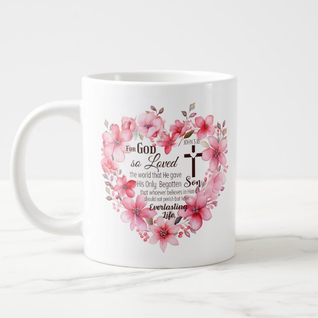 John 3:16 Floral Heart Bible Verse Giant Coffee Mug (Left)