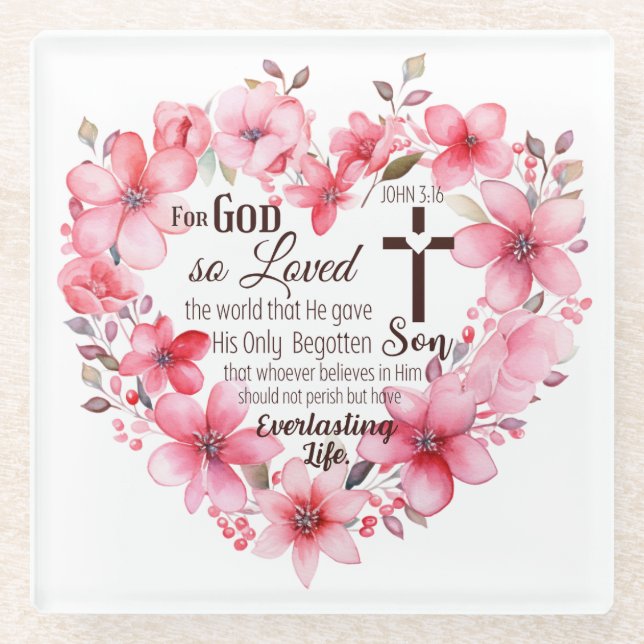 John 3:16 Floral Heart Bible Verse Glass Coaster (Front)
