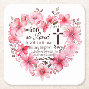 John 3:16 Floral Heart Bible Verse Square Paper Coaster