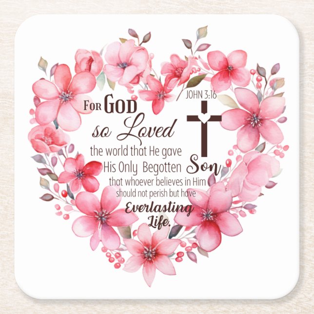 John 3:16 Floral Heart Bible Verse Square Paper Coaster (Front)