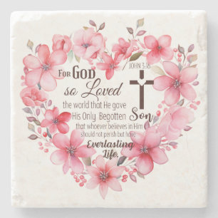 John 3:16 Floral Heart Bible Verse Stone Coaster