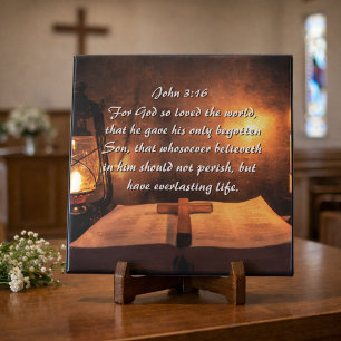 John 3:16 God so loved the world, lantern Ceramic Tile