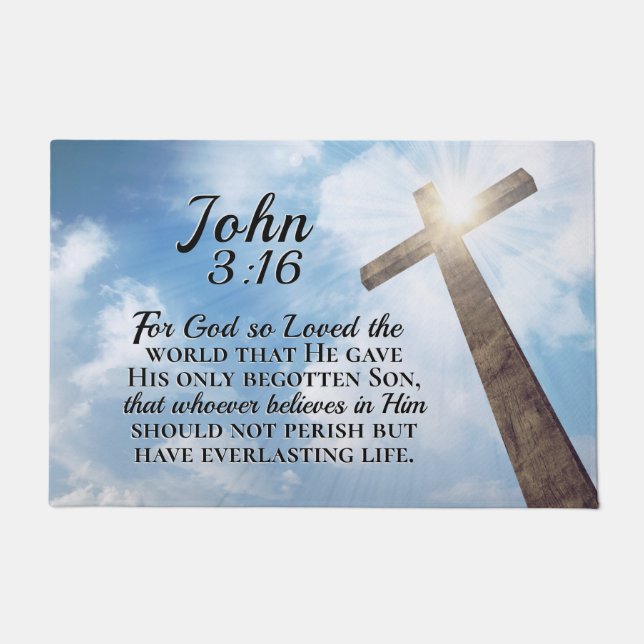 John 3:16 God so Loved the World Wooden Cross Doormat (Front)