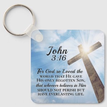 John 3:16 God So Loved The World Wooden Cross Keychain by CChristianDesigns at Zazzle