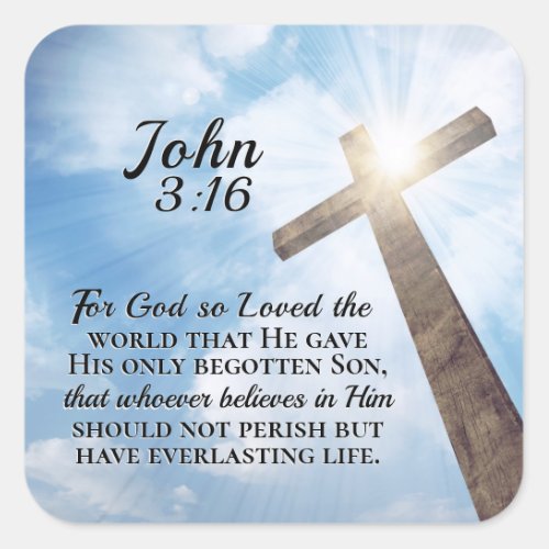 John 316 God so Loved the World Wooden Cross Square Sticker