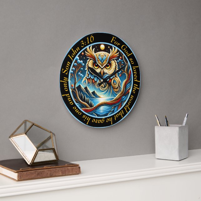 John 3:16 Golden Owl For God Is So Great Large Clock (Office)