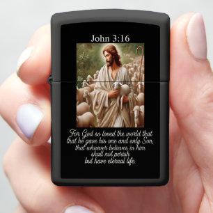 John 3:16 Good Shepherd Cradling Lamb Flock Staff Zippo Lighter