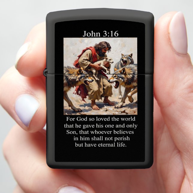 John 3:16 Good Shepherd Delivering Lamb Wolves Zippo Lighter (In Hand)